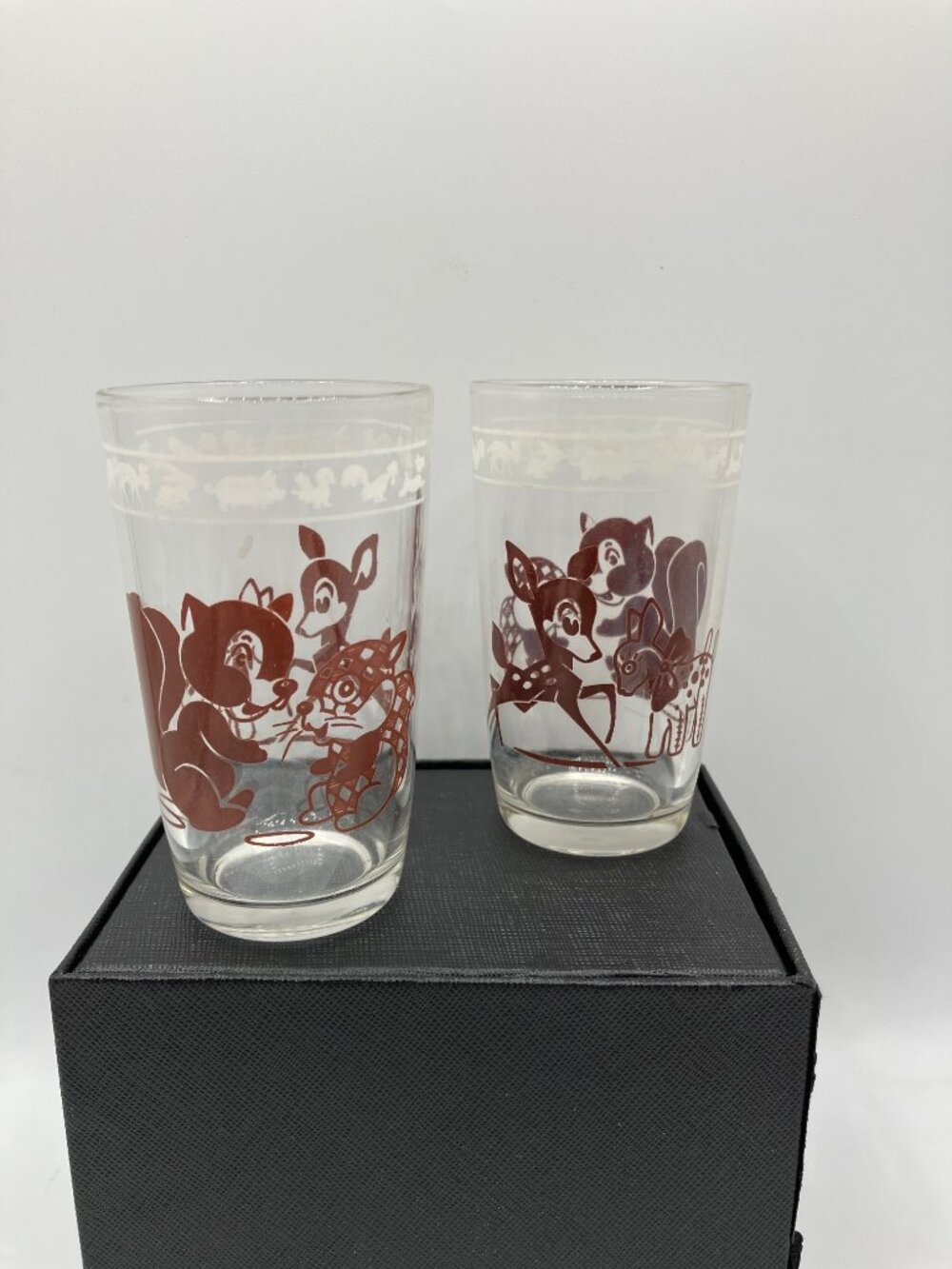 Kraft Swanky Swig Juice Glasses Matched Pair Hazel Atlas VTG 1950's Animal Motif